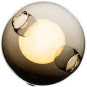 Bocci 28 ceiling light, grey sphere, reflective surface displays warm internal glow with suspended clear glass orbs, modern sculptural design.